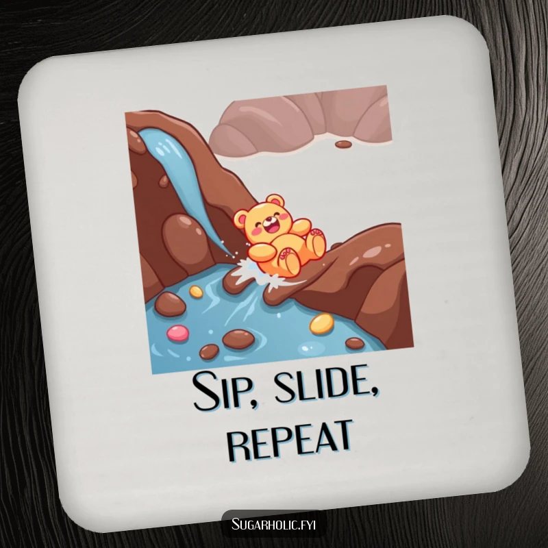 Funny Gummy Bear Coasters: A giggling character sliding down a chocolate river, adding sweet charm and surface protection.