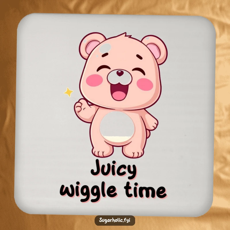 Funny Gummy Bear Coasters featuring ecstatic gummy bear characters wiggling with joy, adding humor to any table setting.