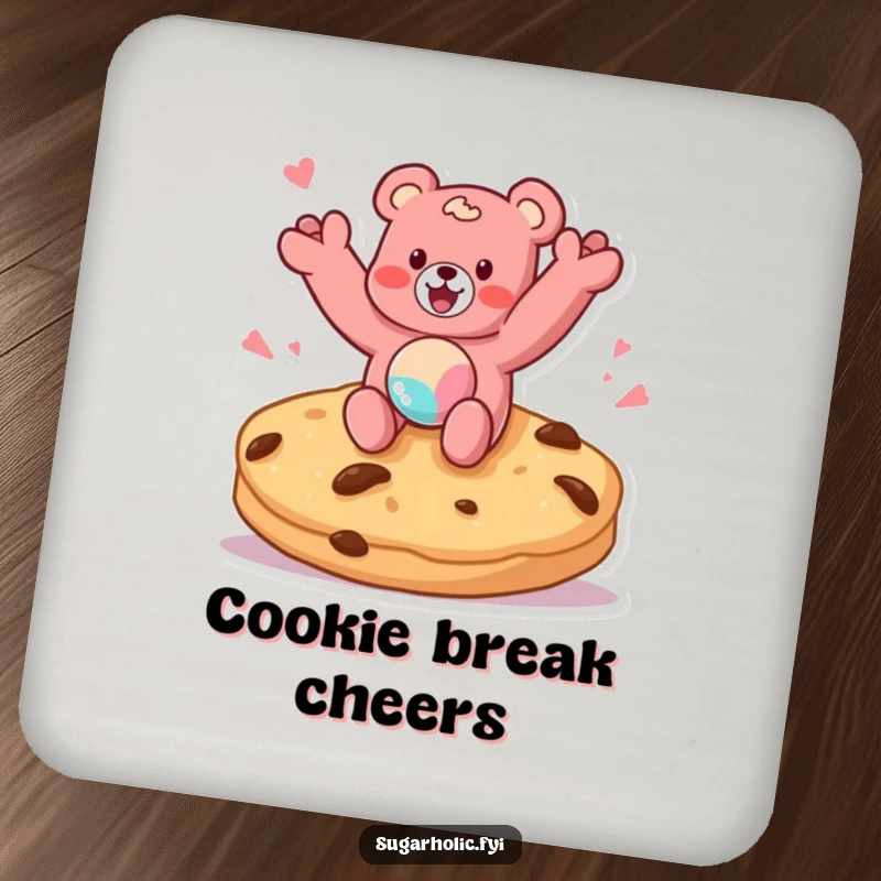 Funny drink coasters featuring a gummy bear character jumping on a giant cookie, adding a sweet and humorous touch to tabletops.
