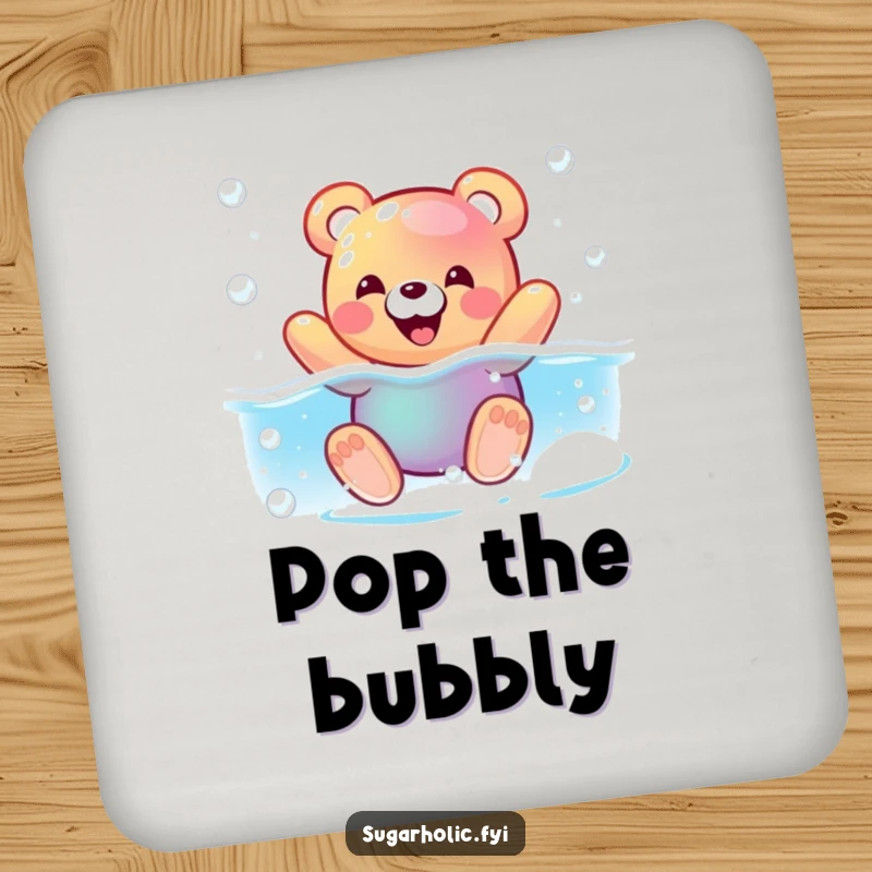 Funny drink coaster featuring a pleased gummy bear character swimming in a fizzy soda pool, for humorous surface protection.