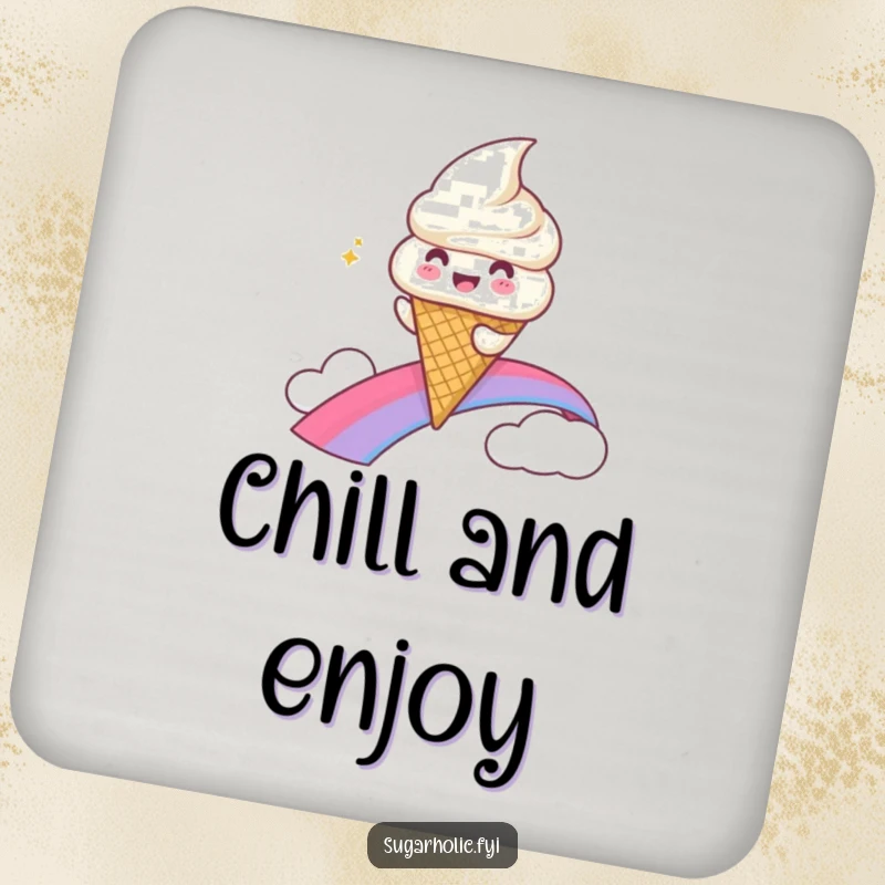 Funny Coaster showcasing a gleeful ice cream cone character sliding down a rainbow with a happy expression.
