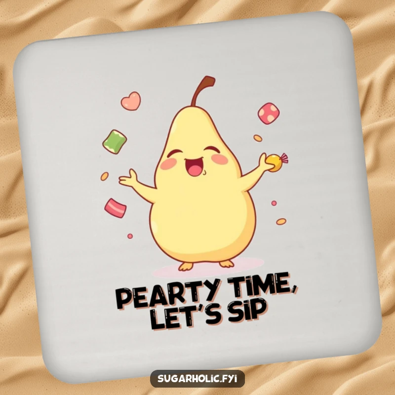Funny laughing pear coaster, showcasing a cartoon pear gleefully juggling candies, adding humor and protecting surfaces.