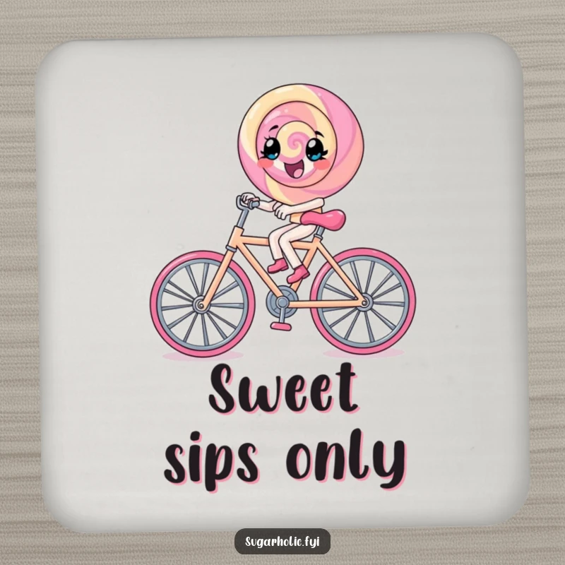 Funny lollipop character pedals a rock candy bicycle, a humorous and protective addition to any table.