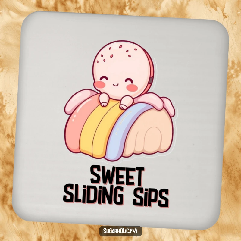 Funny blushing macaroon character sliding down a frosting rainbow, round drink coaster, protects furniture with sweet humor.