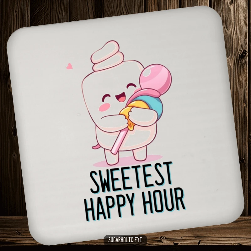 Funny drink coaster featuring an ecstatic anthropomorphic marshmallow character hugging a giant lollipop, for humorous surface protection.