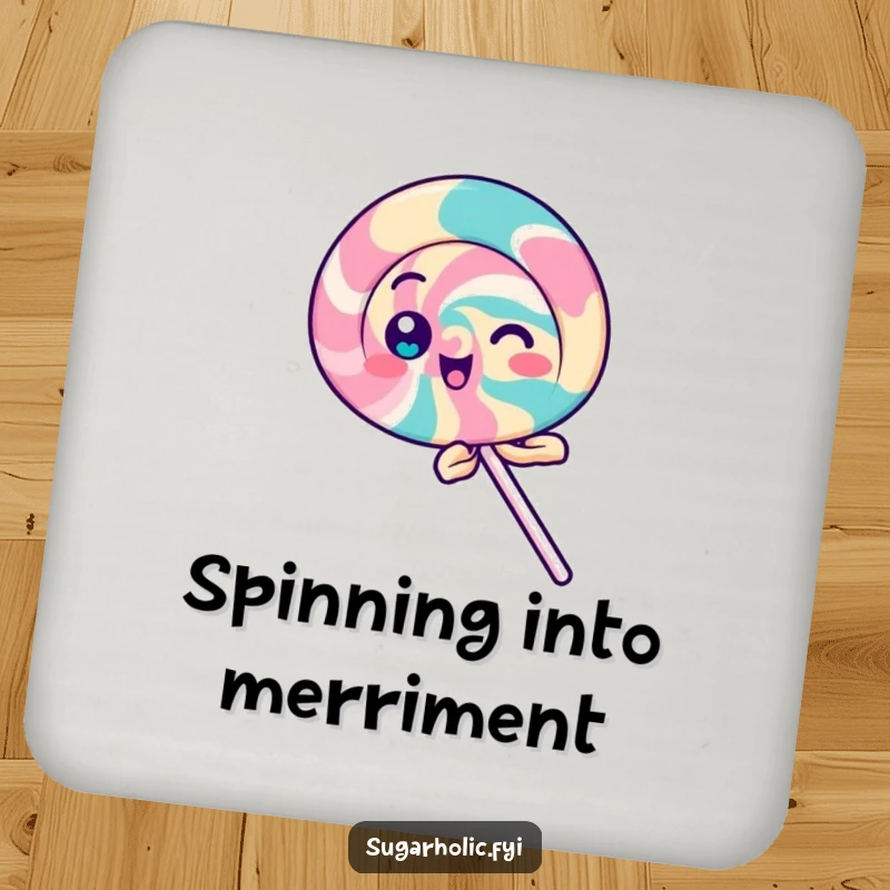 Funny Lollipop Coasters featuring a playful lollipop character spinning with delight, adding sweet protection and funny humor.