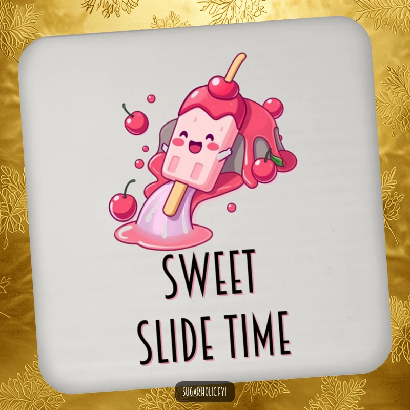 Funny drink coaster featuring a gleeful popsicle character sliding down a cherry syrup waterfall, adding a cool and humorous touch to any table.