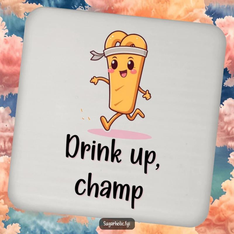 Funny coaster featuring a determined pretzel stick with a sweatband, running a race, protecting surfaces with vigor.