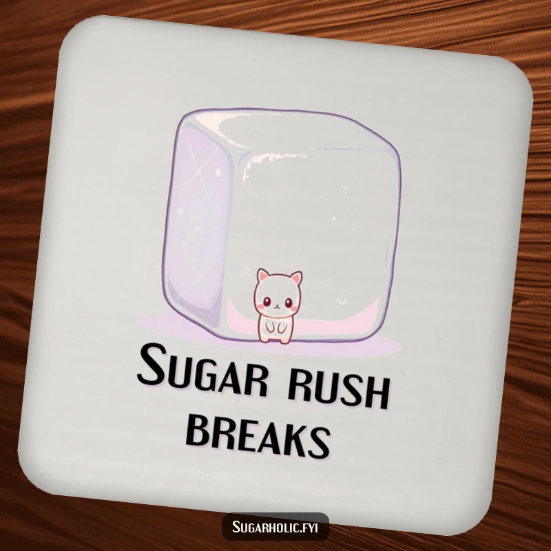 Funny shy candy peeking from behind a giant, sparkling sugar cube, a humorous and protective drink coaster.