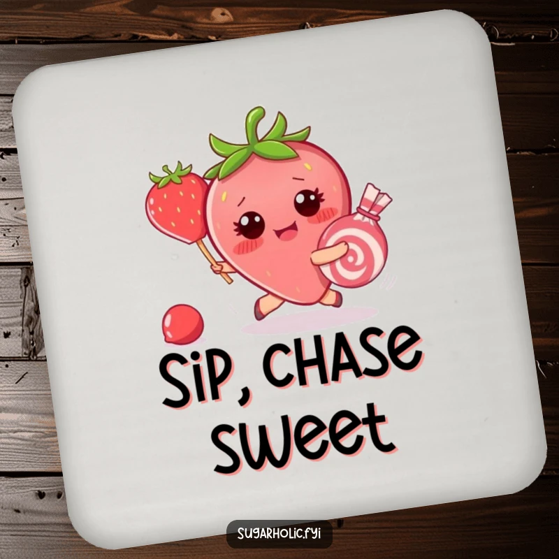 Funny drink coaster with a blushing strawberry character chasing a runaway candy, adding a humorous and sweet touch to any beverage setting.