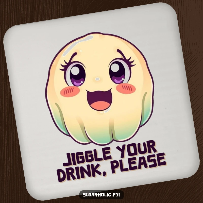 Funny wobbly jelly coaster, featuring a cute, excited cartoon jelly character rolling, protecting surfaces with a smile and adding humor.