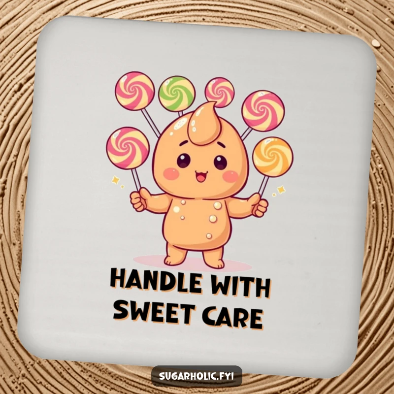 Funny Caramel Candy Coasters: A blushing caramel character hilariously juggling colorful gumdrops, protecting surfaces with charm.