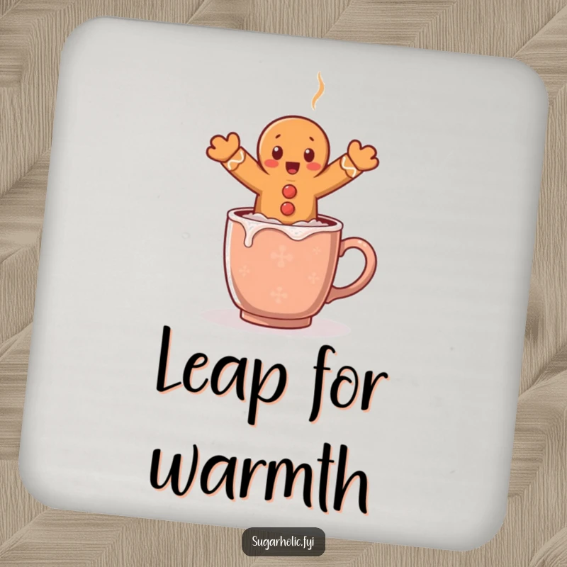 Funny drink coaster featuring a gingerbread man comically leaping over a steaming cocoa mug, adding holiday humor to drink protection.