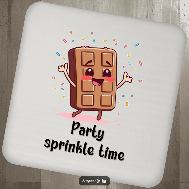 Funny chocolate bar character dancing energetically with a scattered pattern of candy sprinkles, a set of four funny coasters.