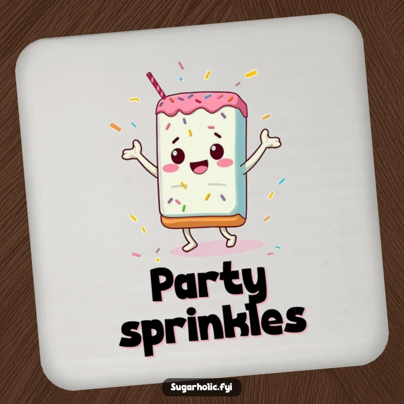 Funny Coaster: A candy bar dancing amidst sprinkles, offering humorous surface protection with a sweet and festive theme.