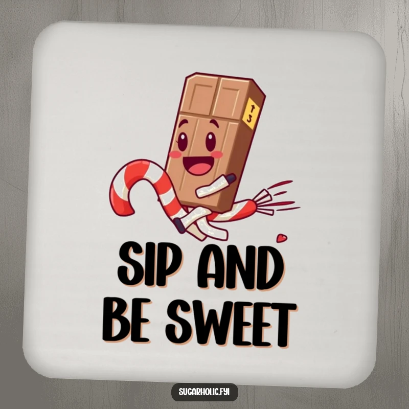 Funny chocolate bar character joyfully rides a runaway candy cane, a humorous and protective addition to any table.