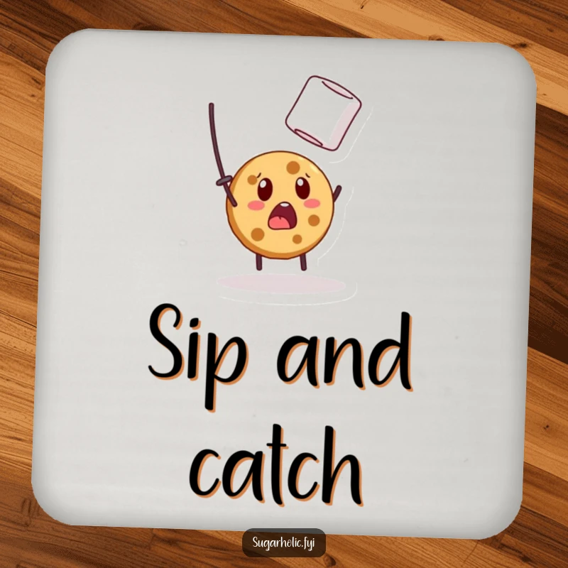 Funny drink coaster showing a surprised cookie character comically reaching for a marshmallow, protecting surfaces with humor.