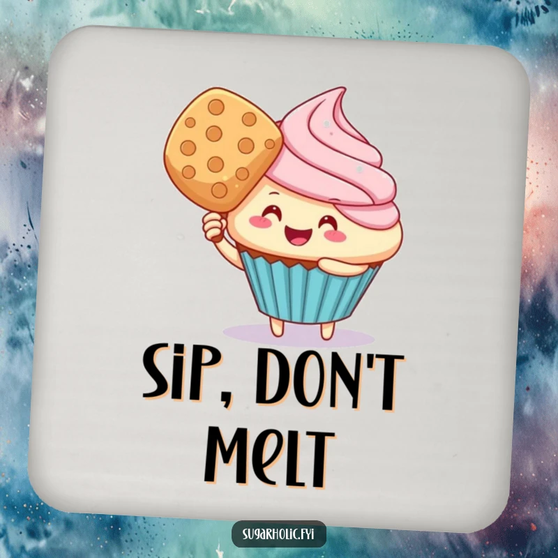 Funny cupcake character fanning itself with a wafer, presented on a drink coaster for humorous surface protection.