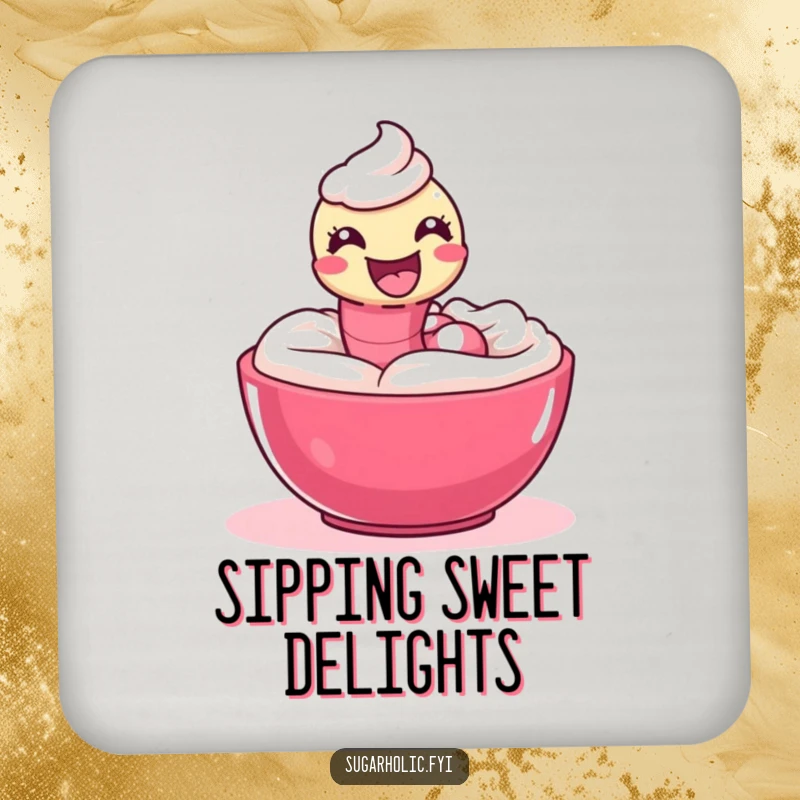 Funny Drink Coaster featuring a delighted gummy worm playfully slithering through icing, protecting surfaces.