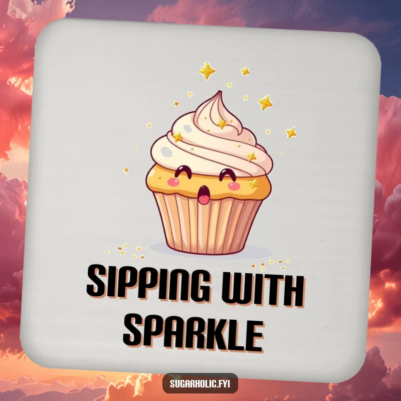 Funny Drink Coaster featuring a surprised cupcake showered with tiny edible glitter stars, adding humor.