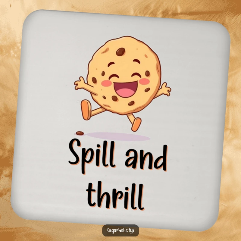 Funny cookie character coaster, comically tripping but landing with a delighted grin, protecting surfaces with cheerful art.
