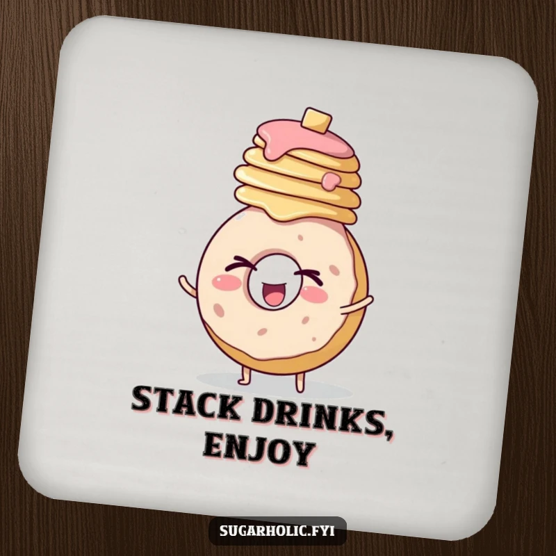 Funny drink coasters featuring a round donut character winking enthusiastically while balancing a stack of pancakes.