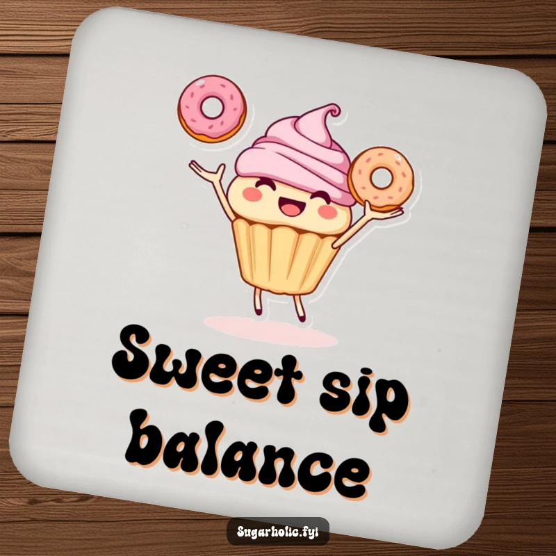 Funny drink coaster featuring a smiling cupcake character joyfully juggling three donuts, adding a sweet and humorous touch.