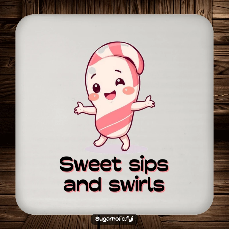 Funny Coaster showcasing a giggling candy cane character performing a silly dance with a happy expression.