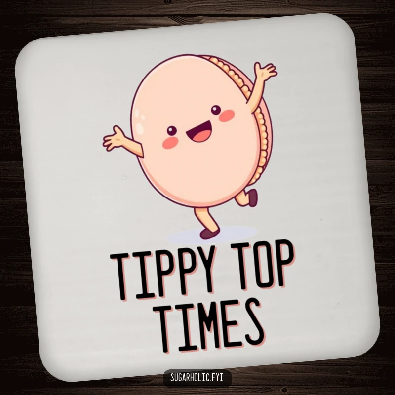 Funny Coaster: A protective coaster showcasing a cheerful macaron character performing a cartwheel with a wide smile, adding a whimsical touch.