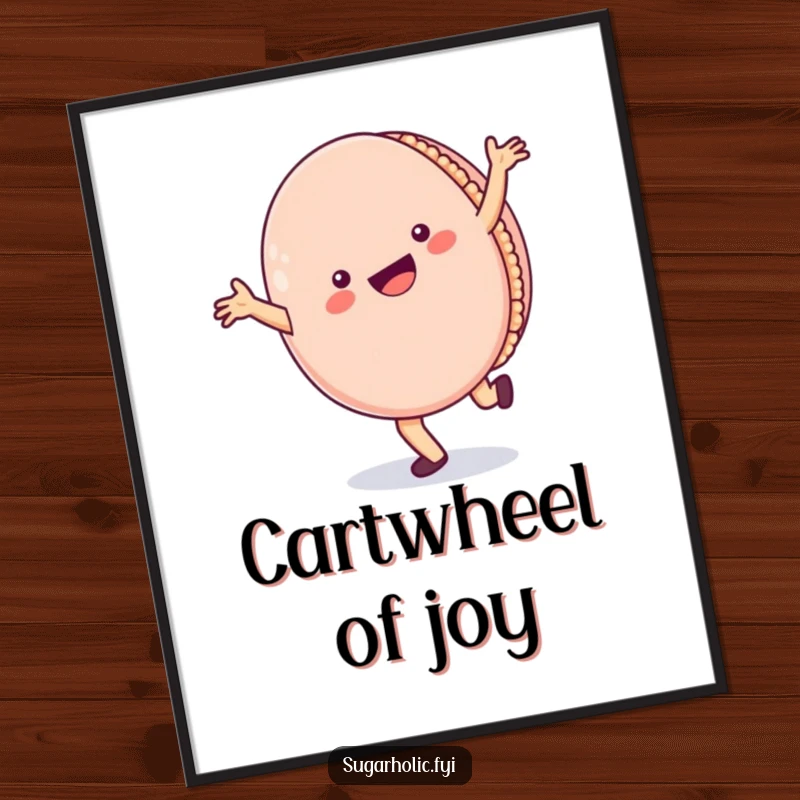 Funny Poster: A cheerful macaron character in mid-cartwheel with a wide smile, bringing playful energy and sweetness to wall decor.