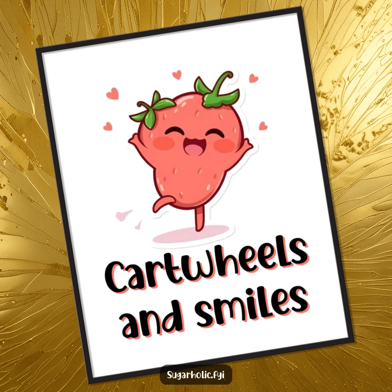 Funny Poster print of a delighted strawberry character energetically doing a cartwheel, radiating giggles and happy vibes.