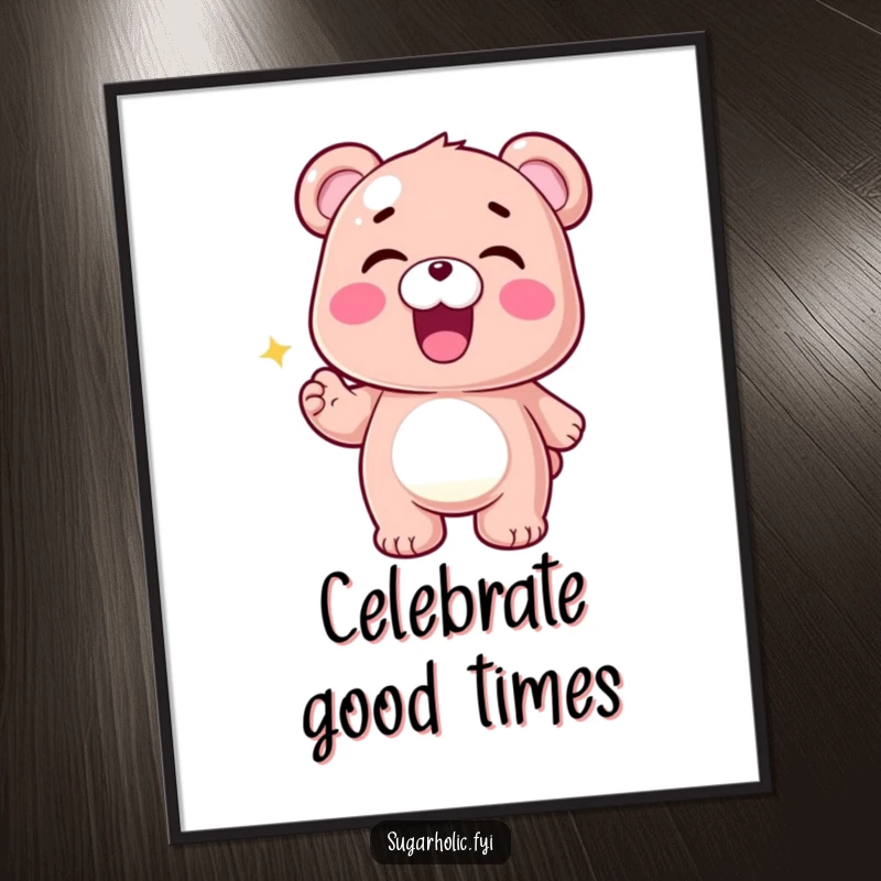 Funny Gummy Bear Poster showcasing a thrilled gummy bear character performing an infectious wiggle, adding a splash of color and fun.