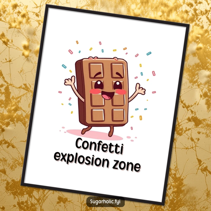 Funny chocolate bar character captured mid-dance with a whimsical swirl of candy sprinkles, creating a joyful and funny poster.