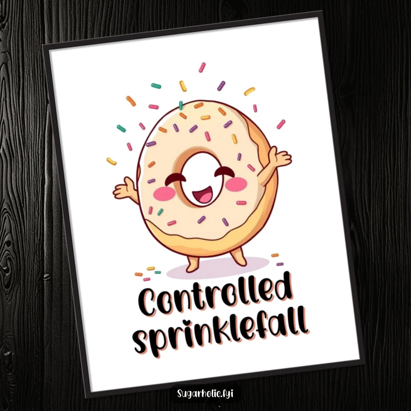 Funny donut character winking and juggling sprinkles, humorous wall art poster for playful decor.