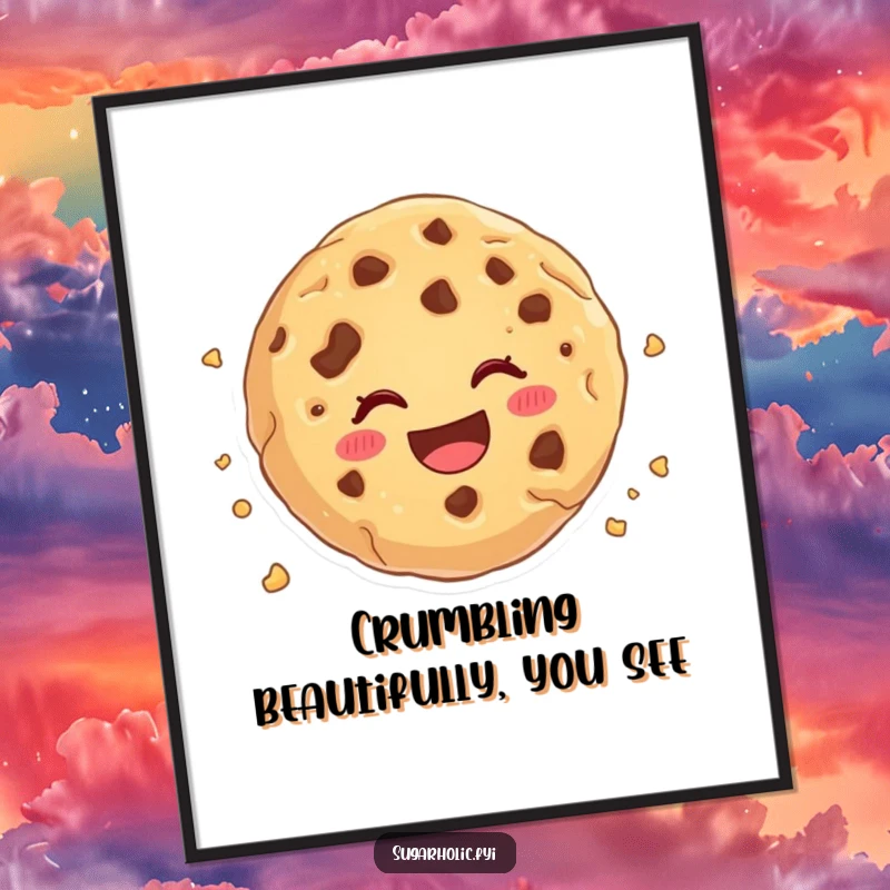 Funny cookie crumble poster, a cartoon cookie joyfully crumbling with cheerful abandon, perfect for adding whimsical art.