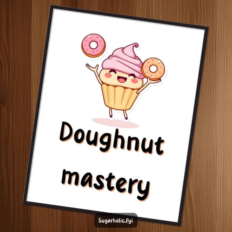 Funny poster art of a smiling cupcake character joyfully juggling three donuts, radiating sweet charm and humorous delight.