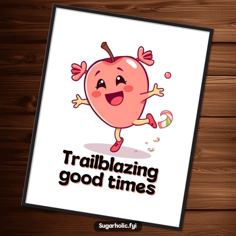 Funny poster showcasing a thrilled candy apple character in a dynamic cartwheel motion, leaving a vibrant candy trail, for energetic decor.