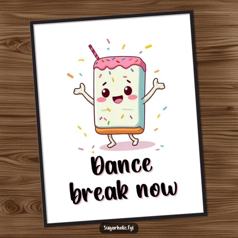 Funny Poster: A candy bar joyfully dancing with a shower of colorful sprinkles, a humorous and festive visual.