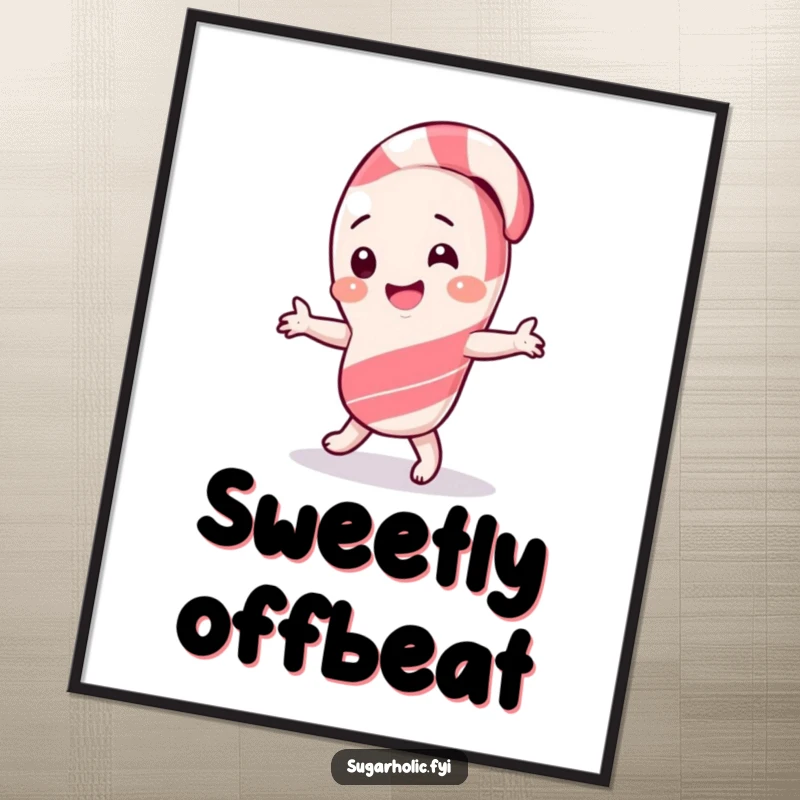Funny Poster of a giggling candy cane character doing a silly, joyful dance with a wide smile.