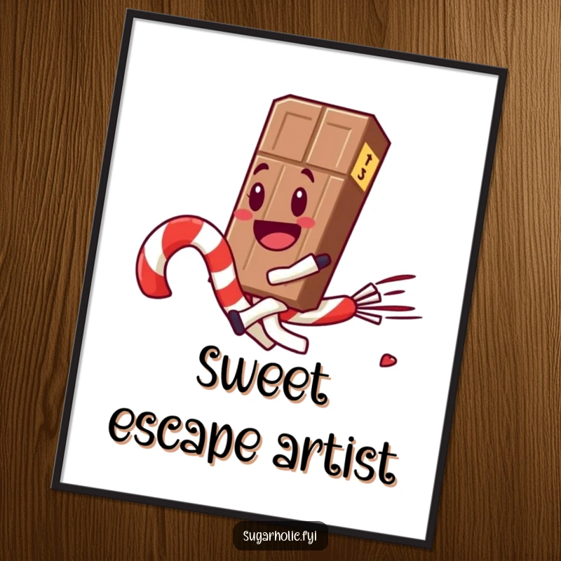Funny chocolate bar character joyfully rides a runaway candy cane, a whimsical and humorous scene perfect for wall art.