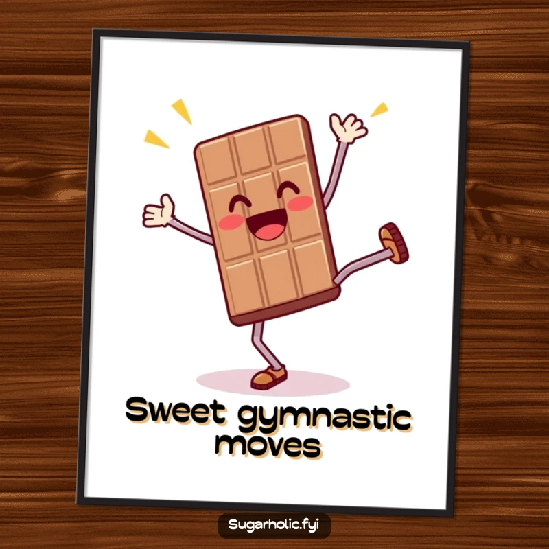 Funny poster of a thrilled anthropomorphic chocolate bar character doing a cartwheel, bringing energetic and humorous vibes to any room.