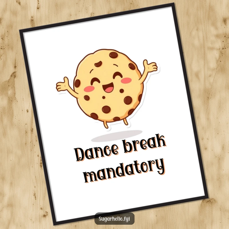 Funny cookie character with chocolate chips performing a happy dance on a poster, a delightful and humorous wall decoration, a funny gift.