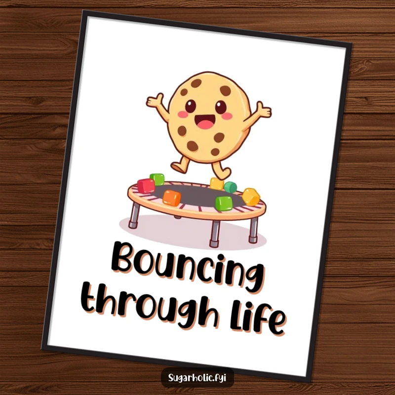 Funny Poster print of a happy cookie character energetically bouncing on a trampoline formed by colorful, squishy gummy bears.
