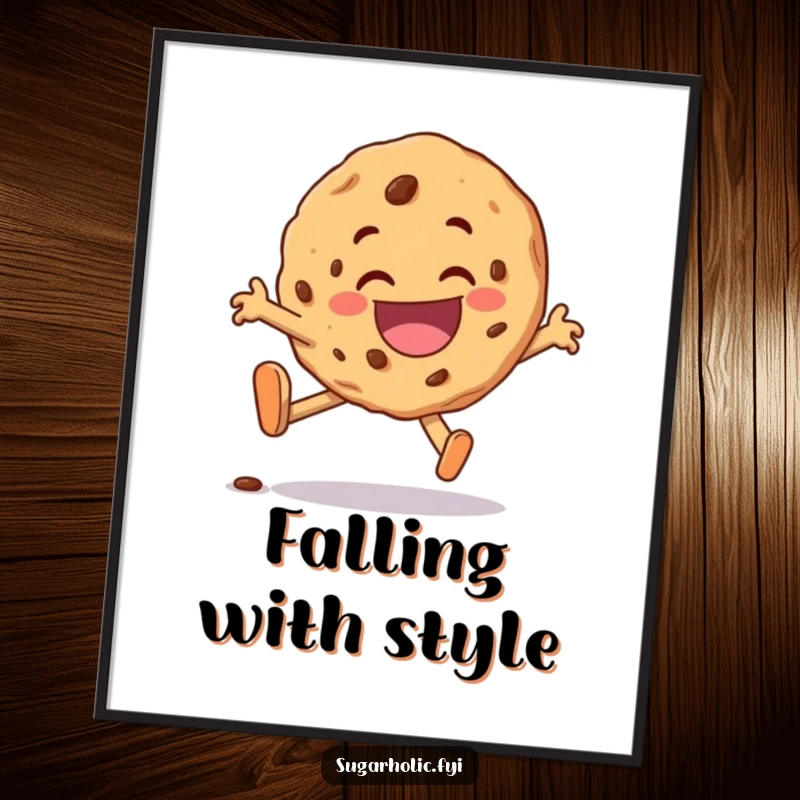Funny cookie character poster, comically tripping but landing with a wide, delighted grin, a piece of cheerful, humorous art.