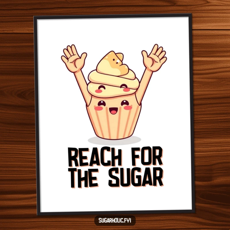 Funny cheerful cupcake joyfully high-fiving a floating gummy bear, a vibrant and humorous digital art poster.