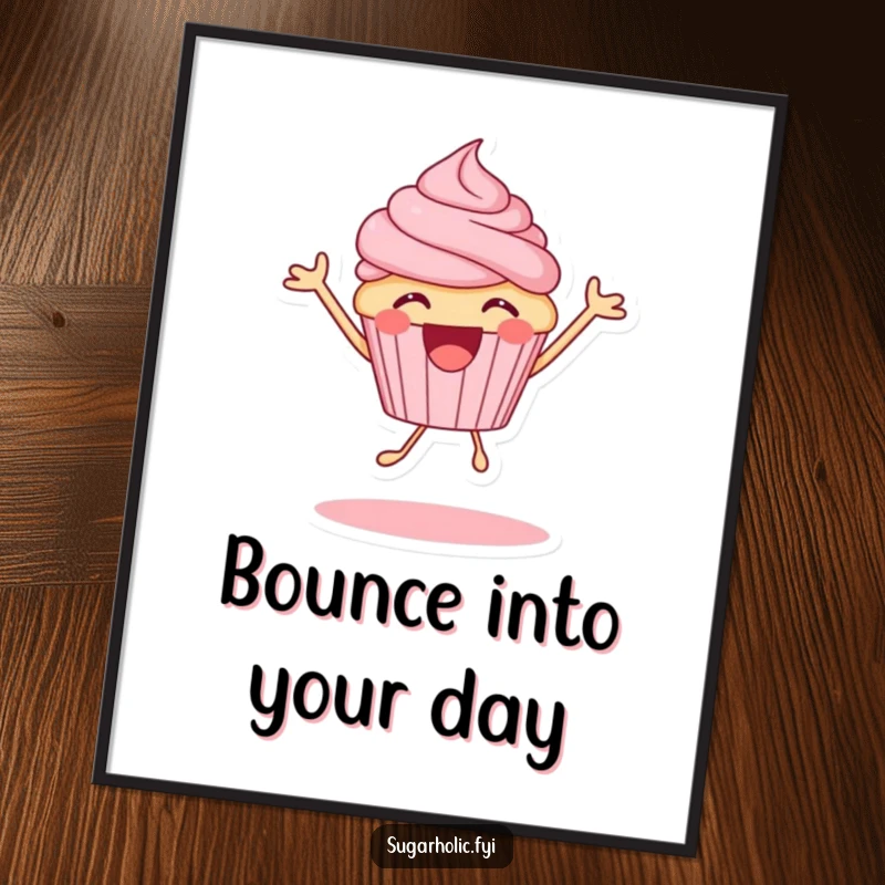 Funny cupcake character bouncing with uncontrollable joy, a vibrant and humorous poster print, perfect wall art.