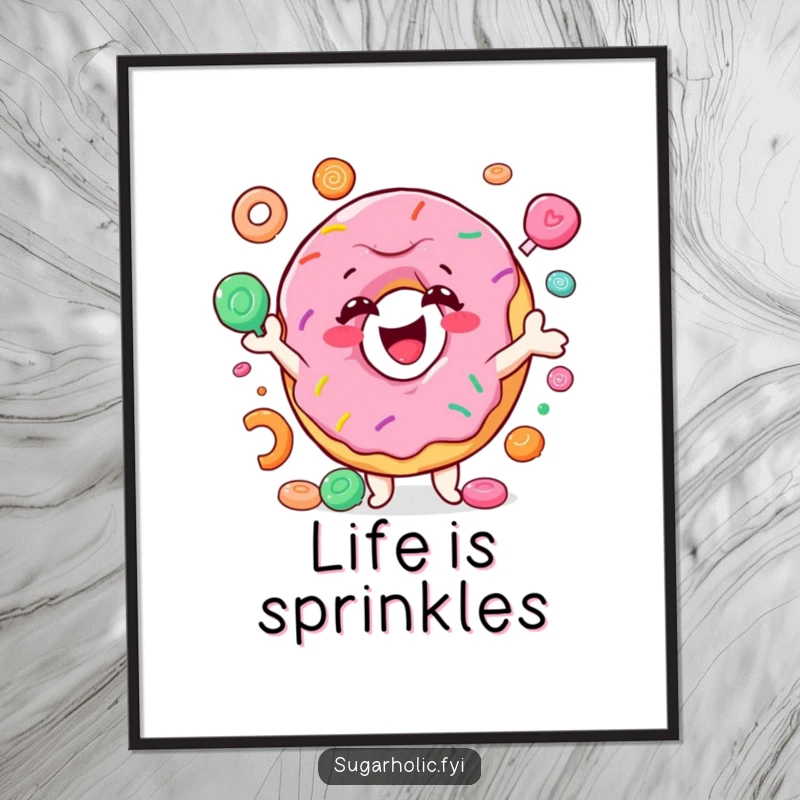 Funny donut poster depicting a smiling character joyfully juggling colorful candy, vibrant and hilarious wall art for kitchens or candy lovers.