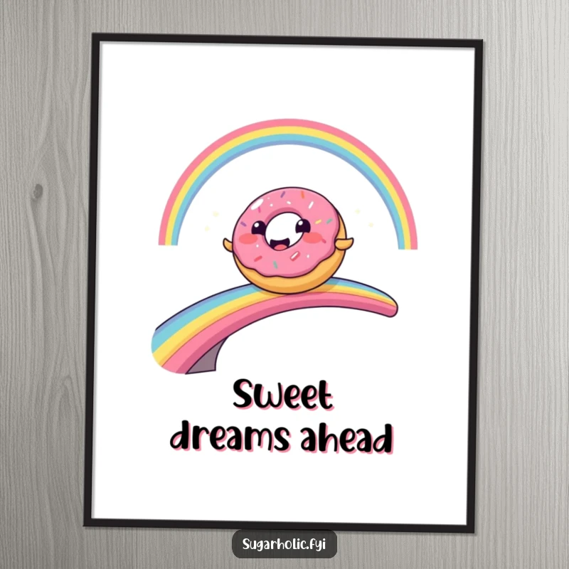 Funny cartoon donut character comically sliding across a vibrant rainbow bridge, a whimsical and humorous wall art poster.