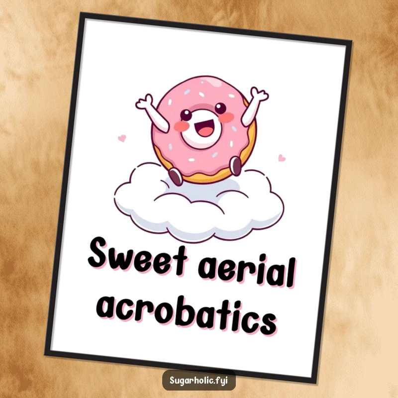 Funny poster print of a delighted doughnut character mid-cartwheel on a sugary cloud, showcasing a vibrant and cheerful artistic expression.
