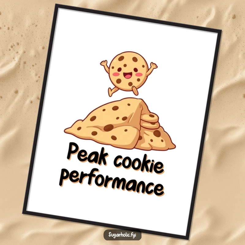 Funny poster displaying a laughing cookie cartoon character in mid-air, soaring over a colossal stack of cookies with pure glee.